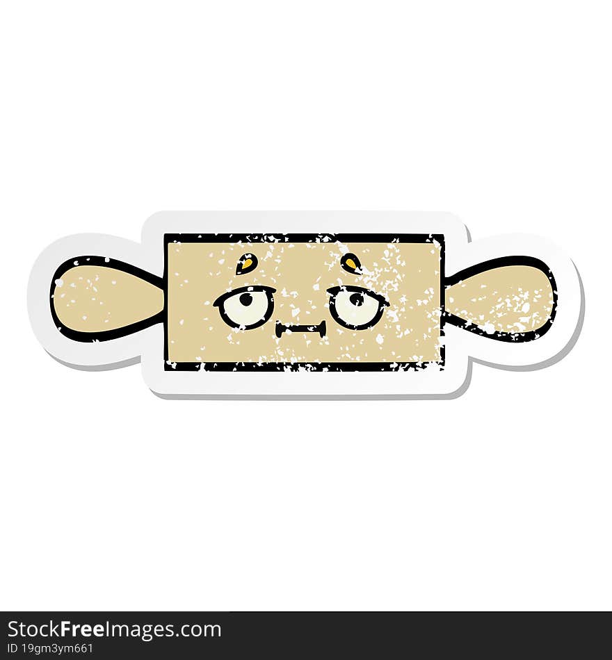 distressed sticker of a cute cartoon rolling pin