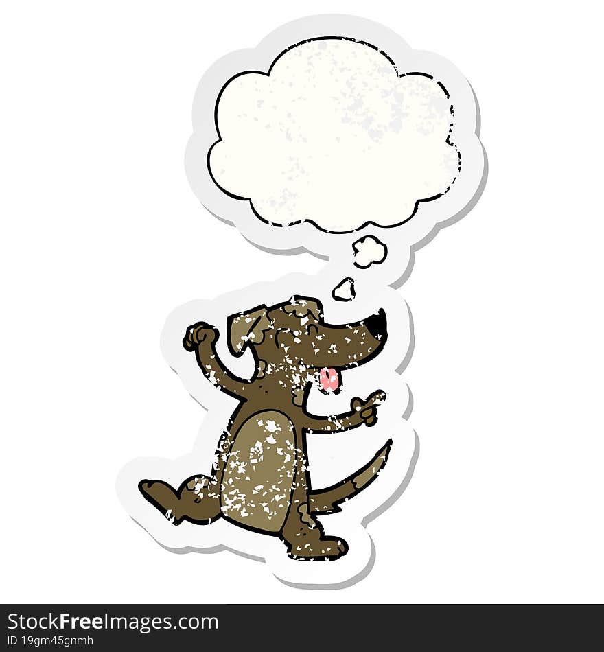 cartoon dancing dog and thought bubble as a distressed worn sticker