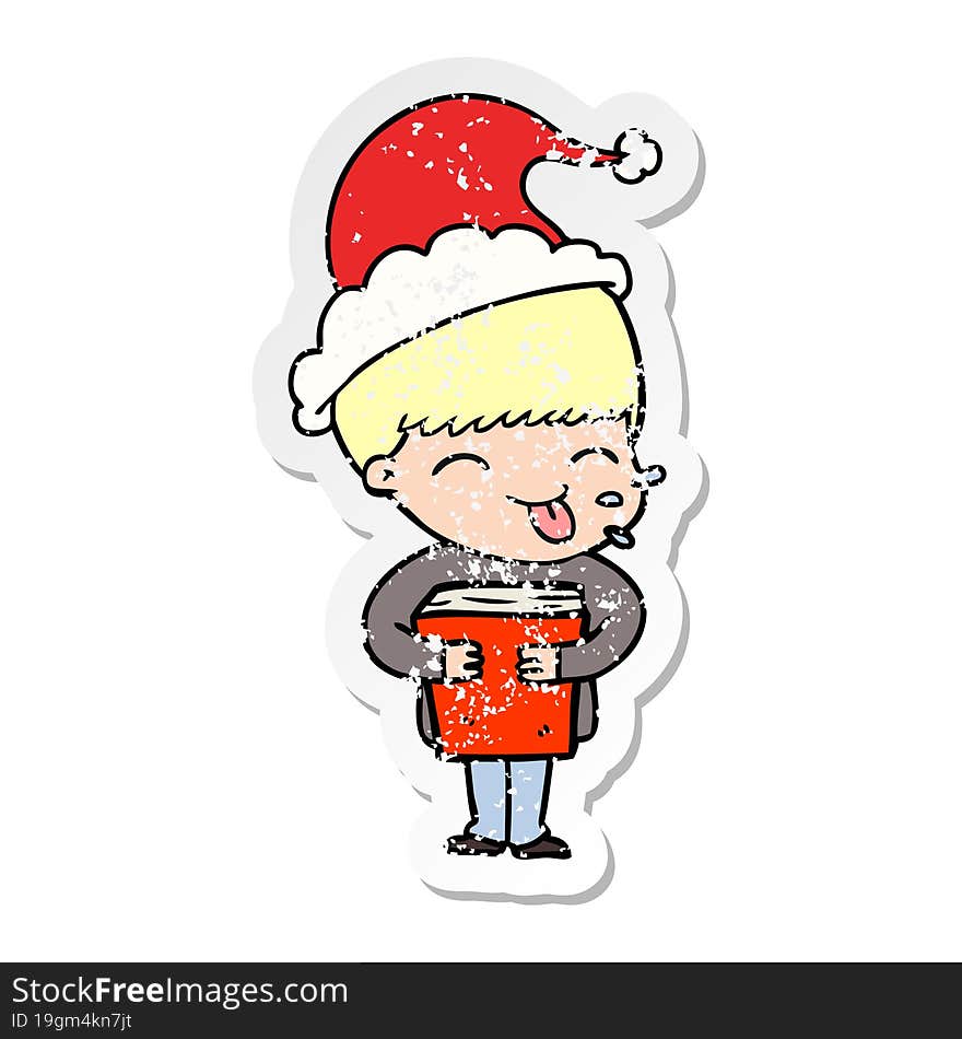 hand drawn distressed sticker cartoon of a boy wearing santa hat