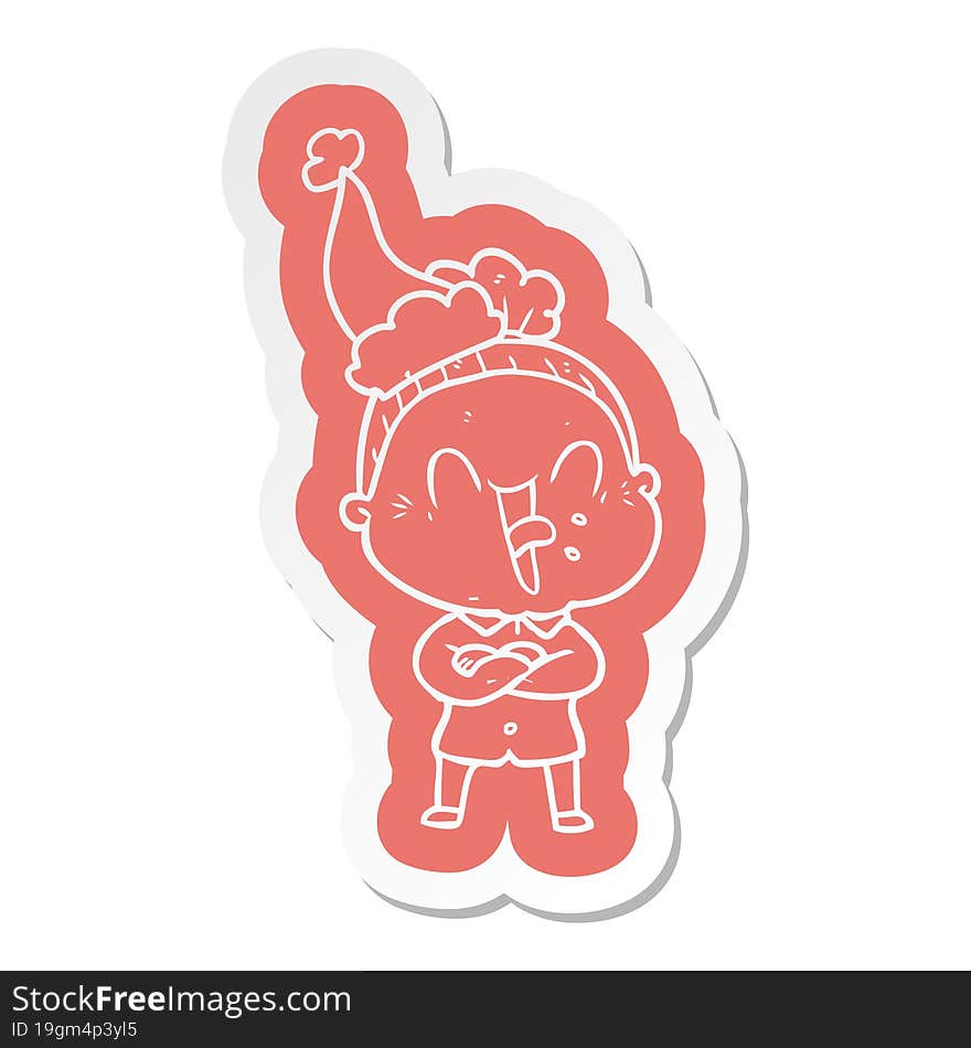 cartoon  sticker of a happy old woman wearing santa hat