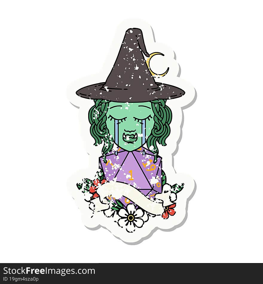 grunge sticker of a crying orc witch with natural one D20 roll. grunge sticker of a crying orc witch with natural one D20 roll