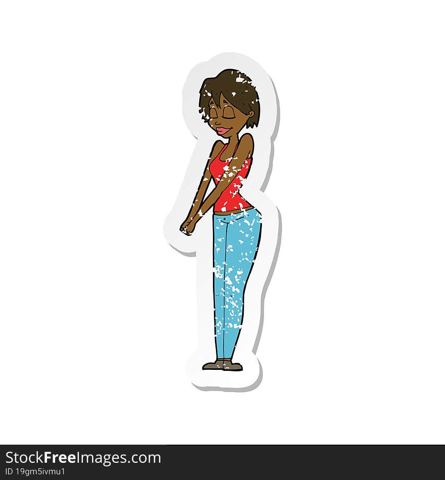 retro distressed sticker of a cartoon content woman