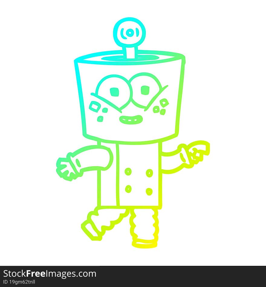 cold gradient line drawing happy cartoon robot pointing