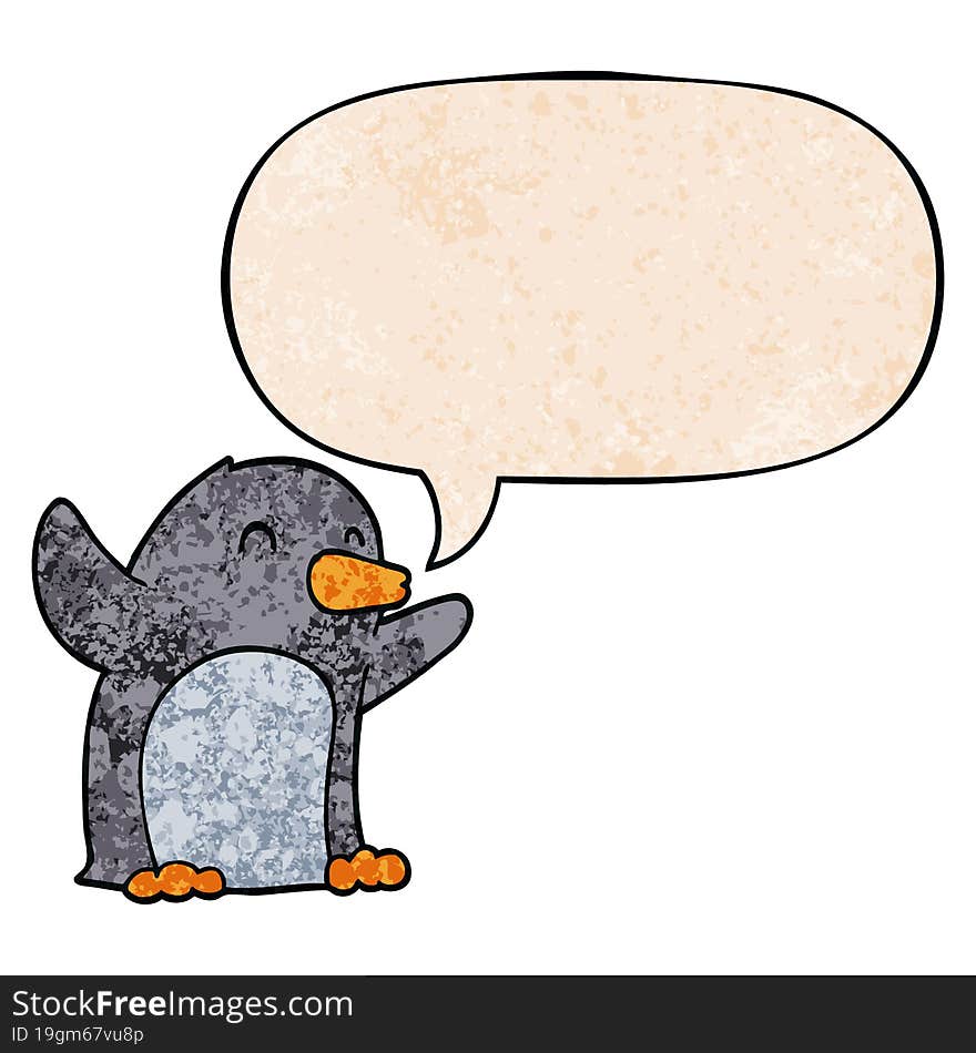 cartoon excited penguin and speech bubble in retro texture style