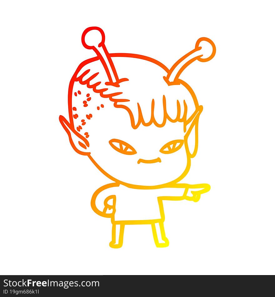 warm gradient line drawing of a cute cartoon alien girl