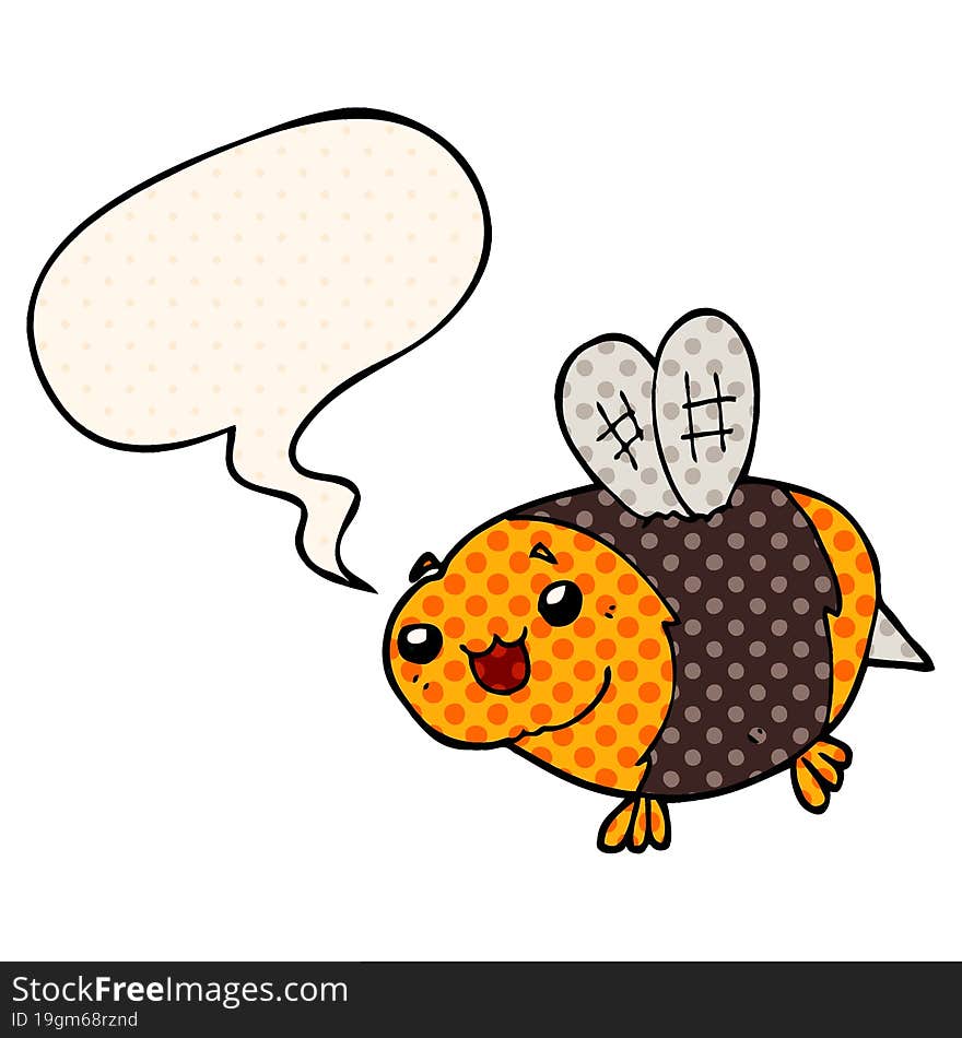 funny cartoon bee with speech bubble in comic book style