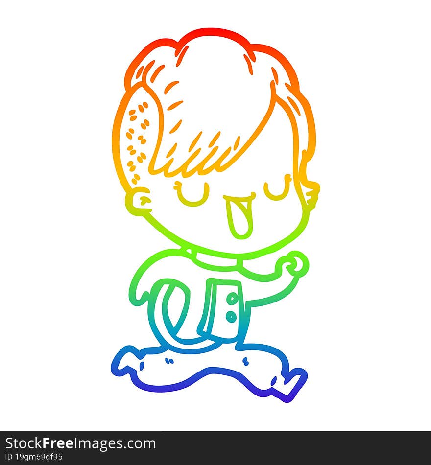 rainbow gradient line drawing cartoon astronaut girl with hipster hair