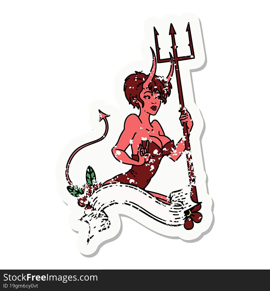 Distressed Sticker Tattoo Of A Pinup Devil Girl With Banner