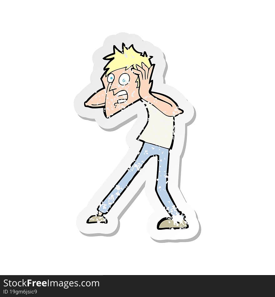 retro distressed sticker of a cartoon man panicking