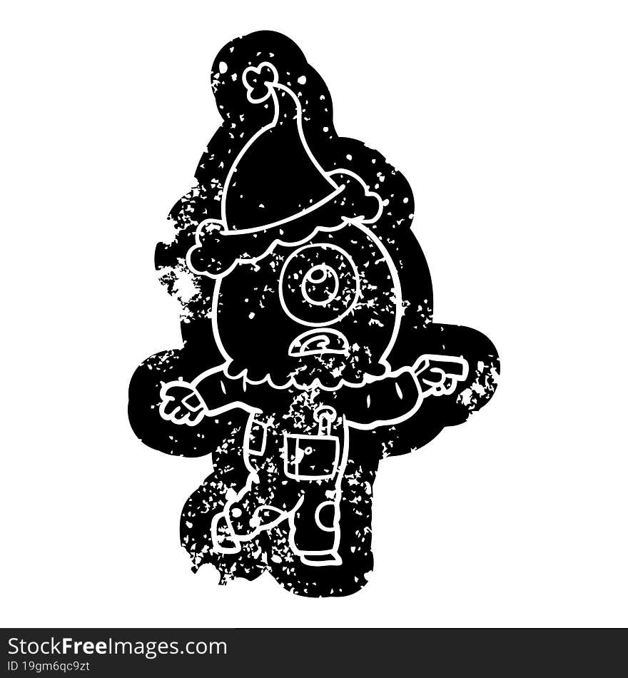 Cartoon Distressed Icon Of A Cyclops Alien Spaceman Pointing Wearing Santa Hat