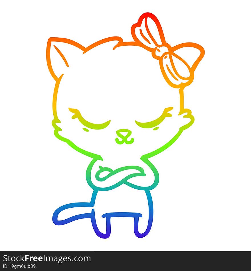 rainbow gradient line drawing cute cartoon cat with bow