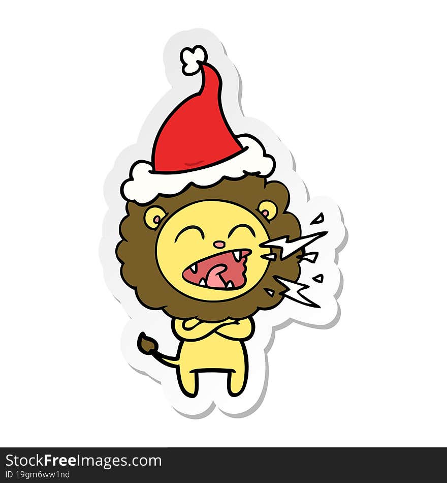 sticker cartoon of a roaring lion wearing santa hat