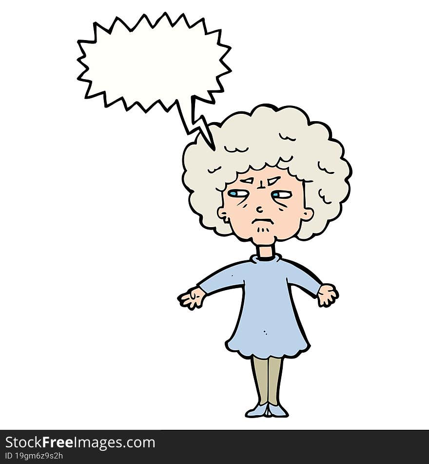 cartoon bitter old woman with speech bubble