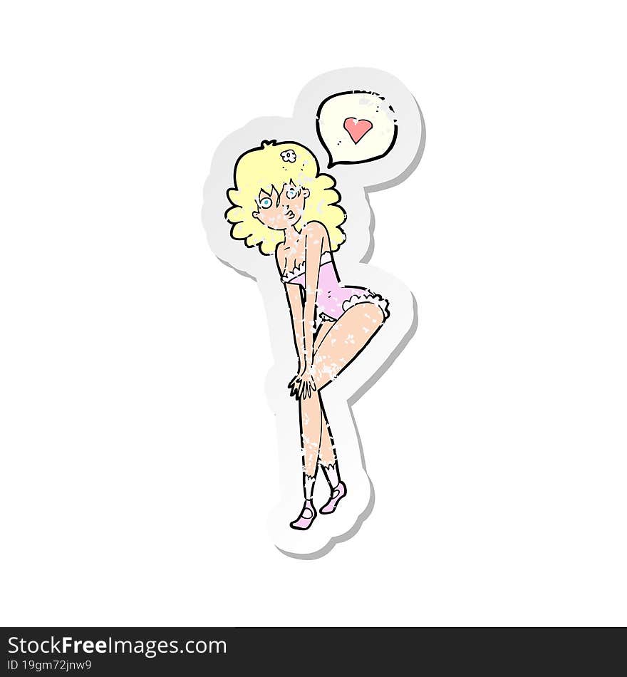 retro distressed sticker of a cartoon pin up woman