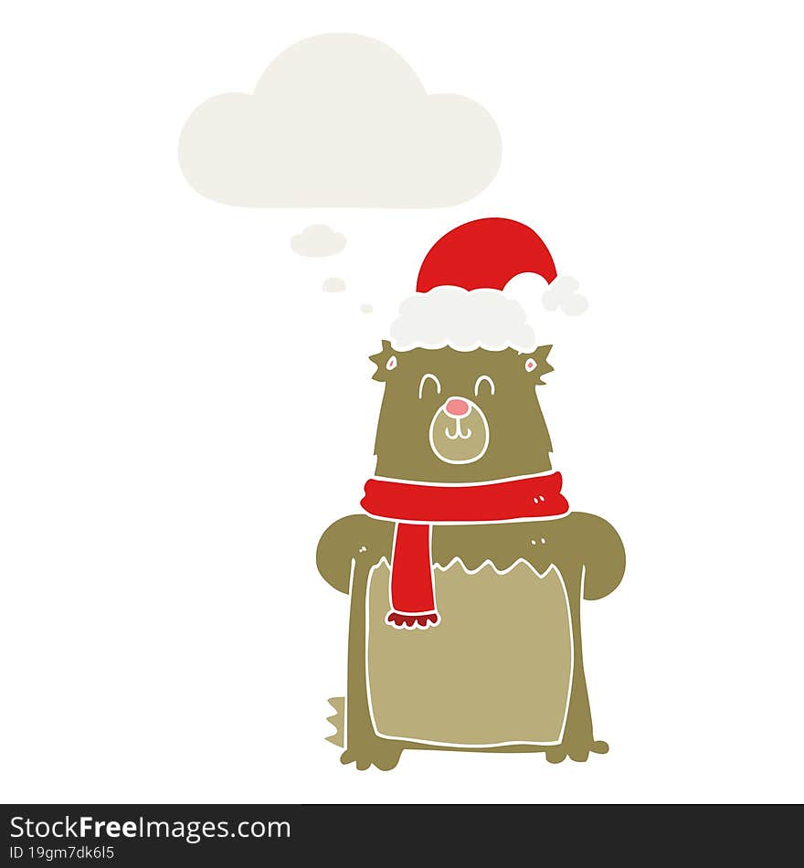 cartoon bear wearing christmas hat and thought bubble in retro style