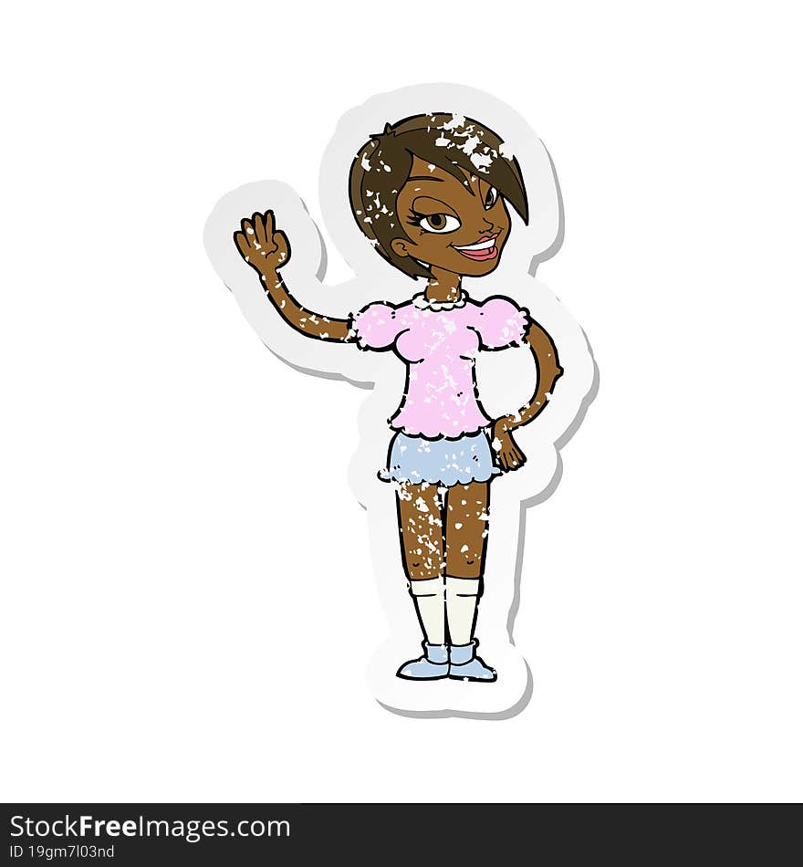 retro distressed sticker of a cartoon waving woman