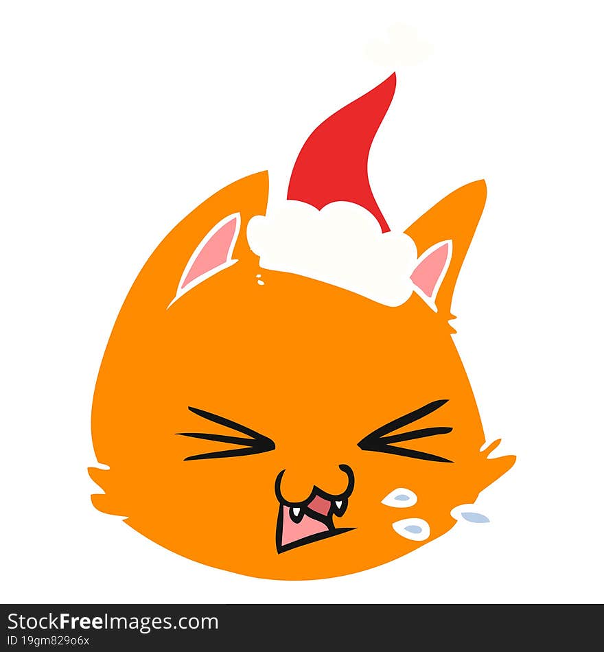 spitting hand drawn flat color illustration of a cat face wearing santa hat