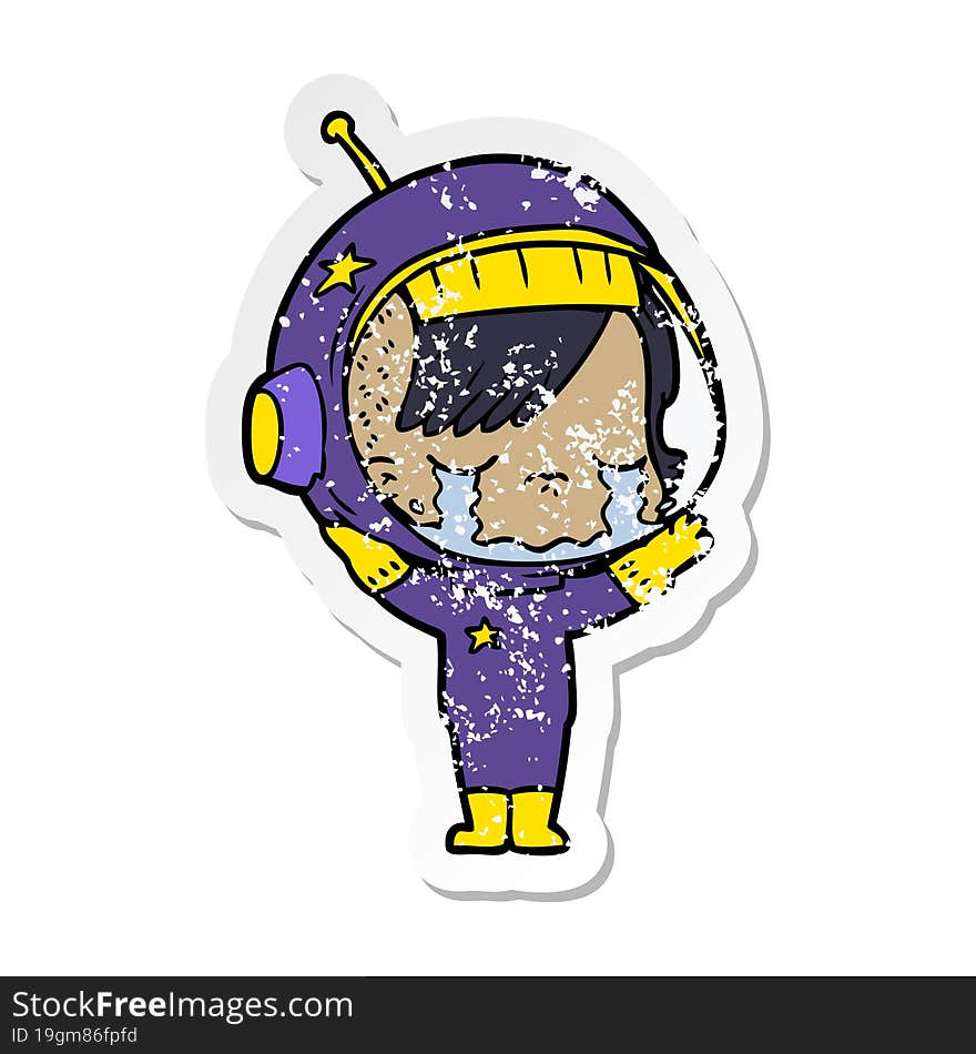 distressed sticker of a cartoon crying astronaut girl