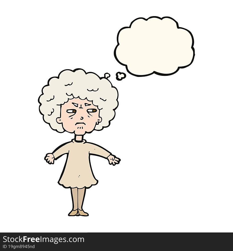 cartoon bitter old woman with thought bubble