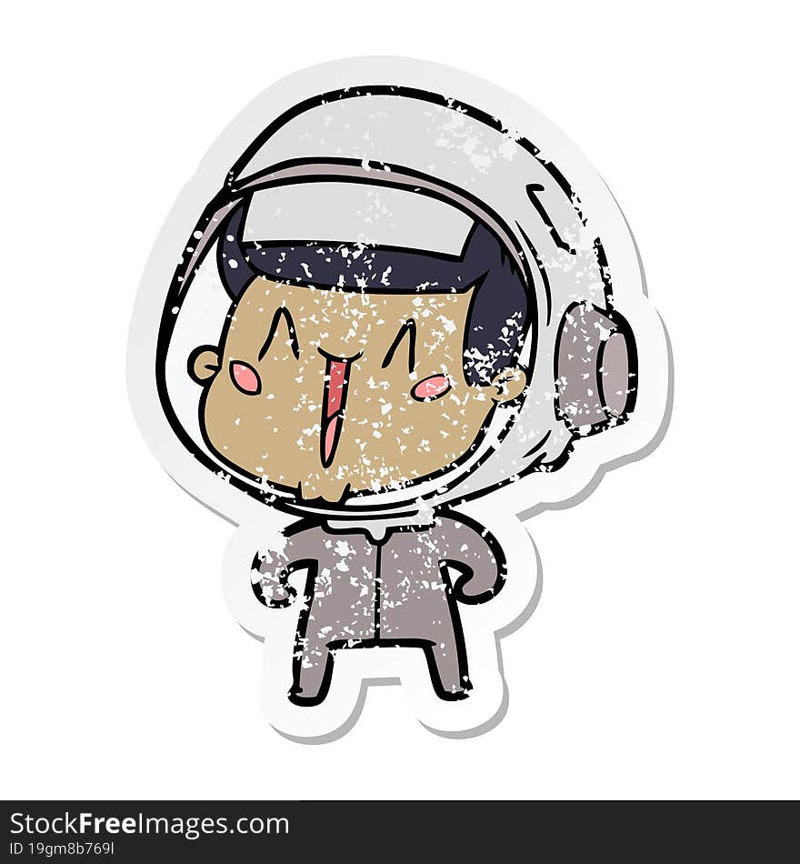 distressed sticker of a happy cartoon astronaut