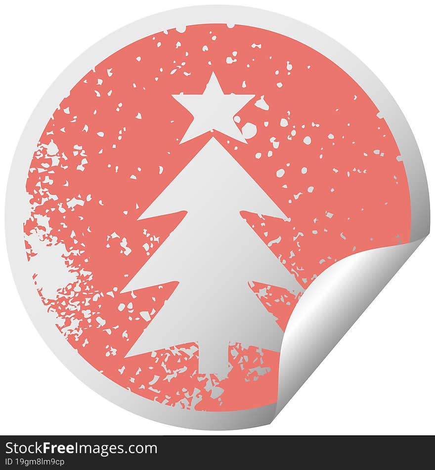 distressed circular peeling sticker symbol of a christmas tree