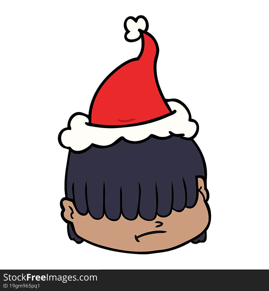 hand drawn line drawing of a face with hair over eyes wearing santa hat