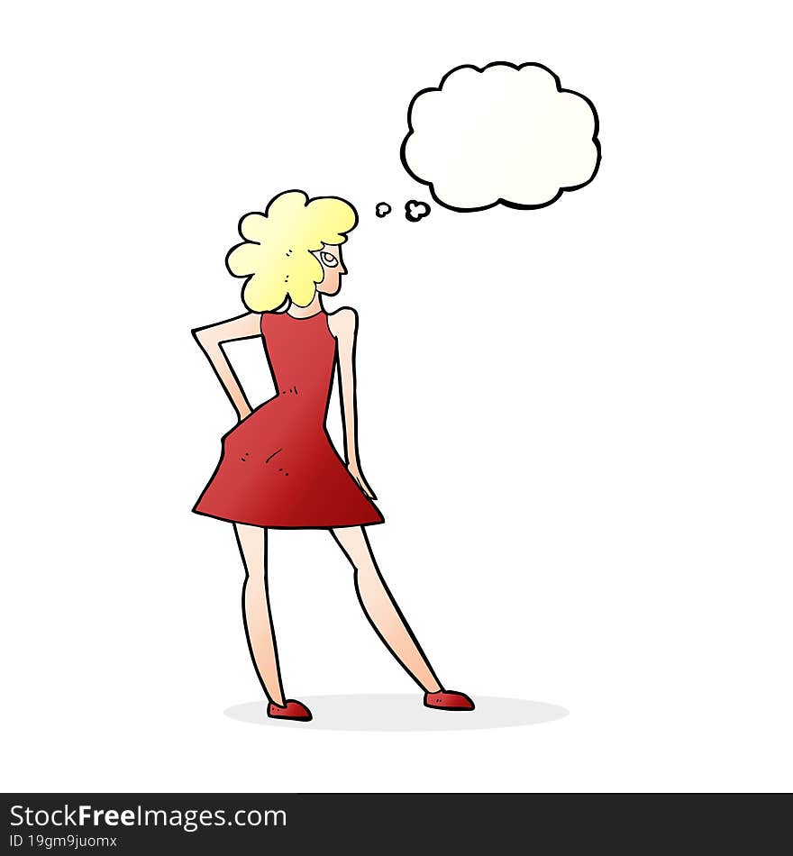 cartoon woman posing in dress with thought bubble