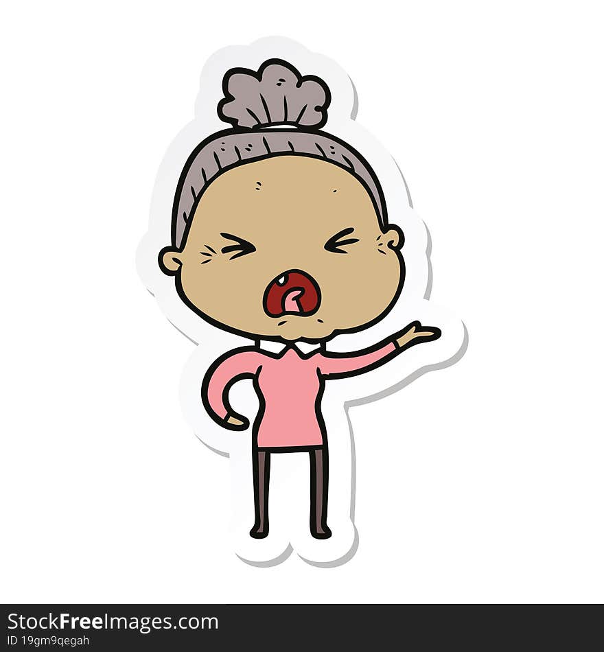 sticker of a cartoon angry old woman