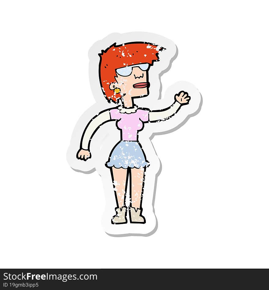 retro distressed sticker of a cartoon woman in spectacles waving