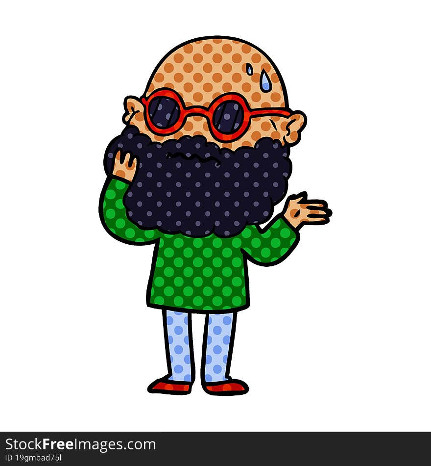 cartoon worried man with beard and sunglasses. cartoon worried man with beard and sunglasses