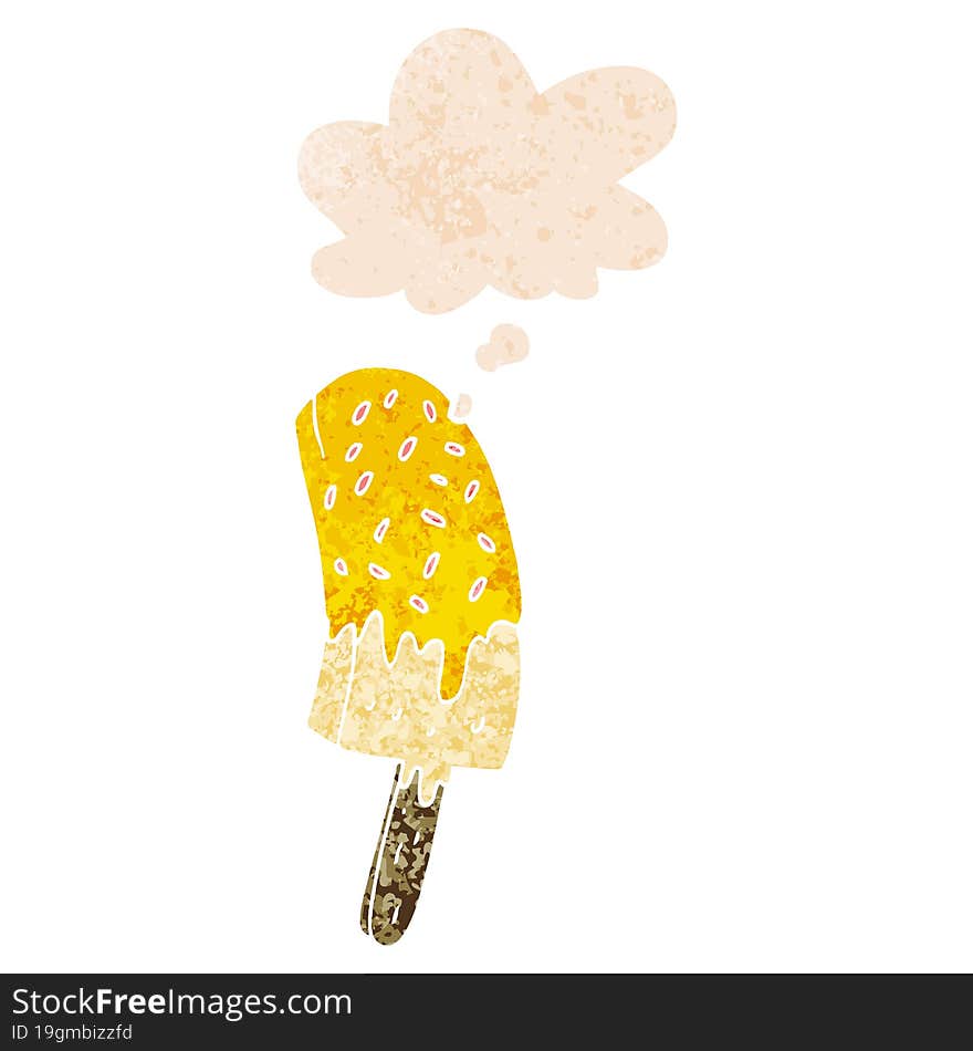 cartoon ice cream lolly and thought bubble in retro textured style