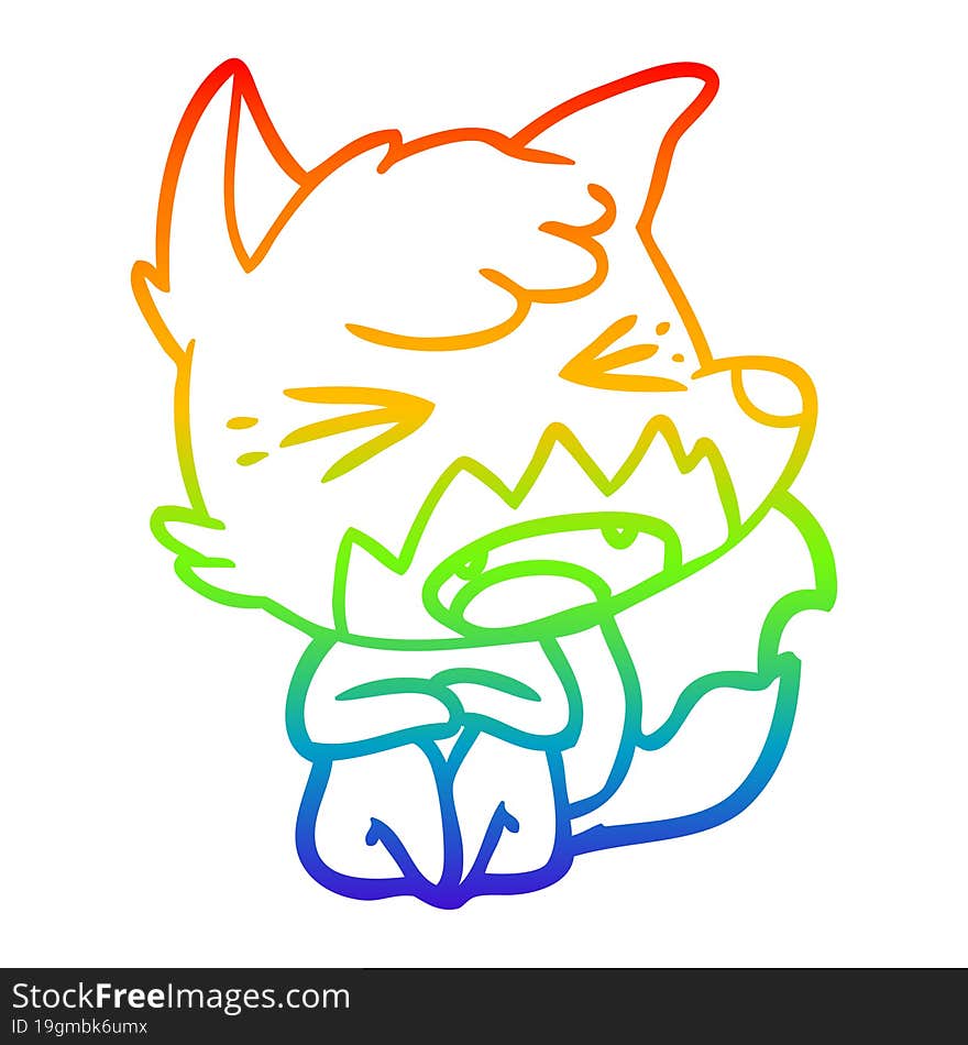 rainbow gradient line drawing angry cartoon fox sitting on floor