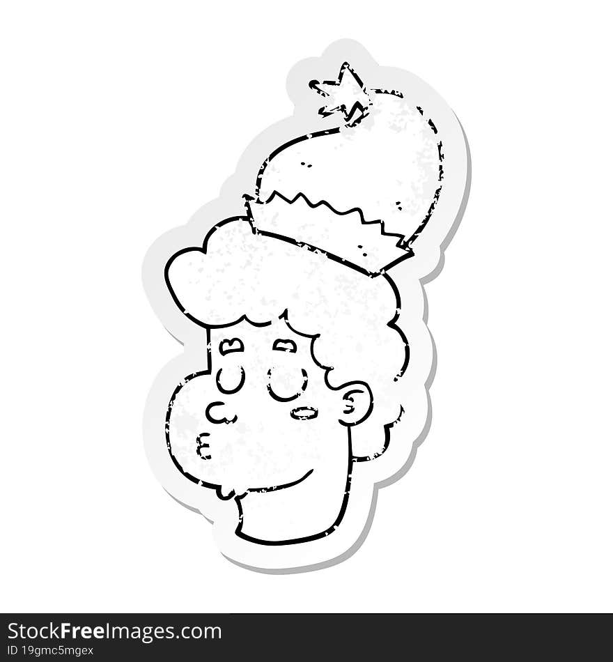 distressed sticker of a cartoon man wearing christmas hat