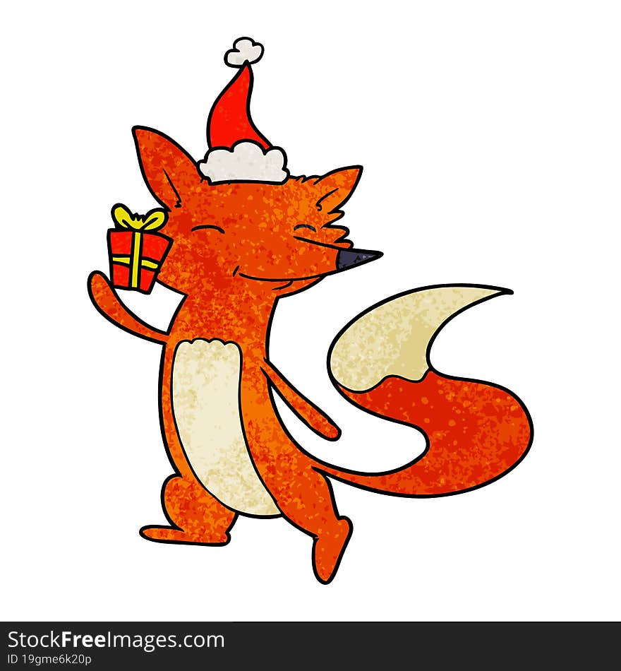 hand drawn textured cartoon of a happy fox wearing santa hat