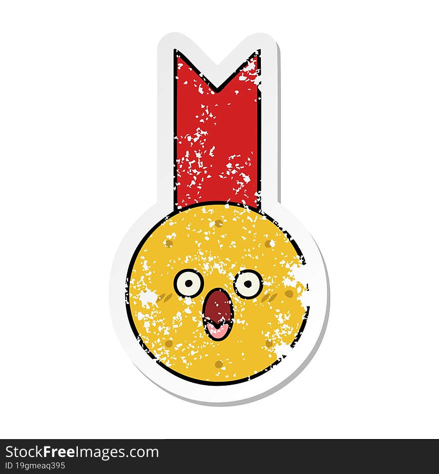 Distressed Sticker Of A Cute Cartoon Gold Medal