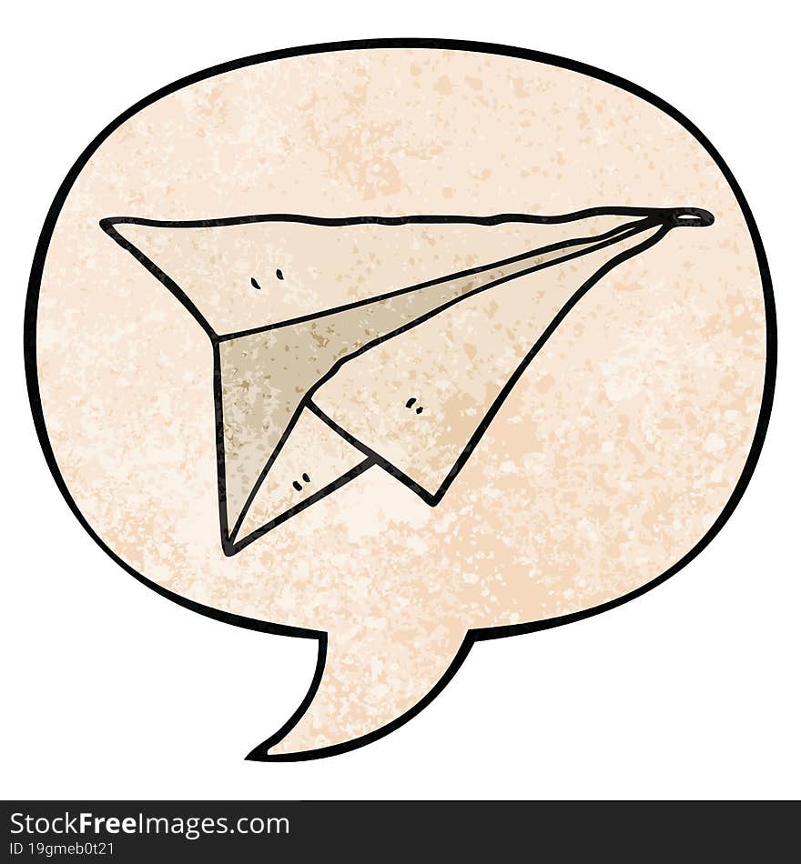 cartoon paper airplane with speech bubble in retro texture style