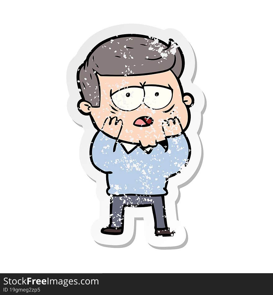 distressed sticker of a cartoon tired man