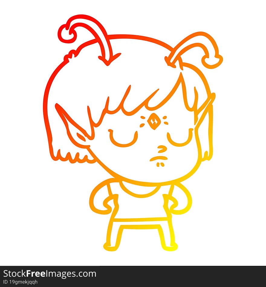 warm gradient line drawing of a cartoon alien girl