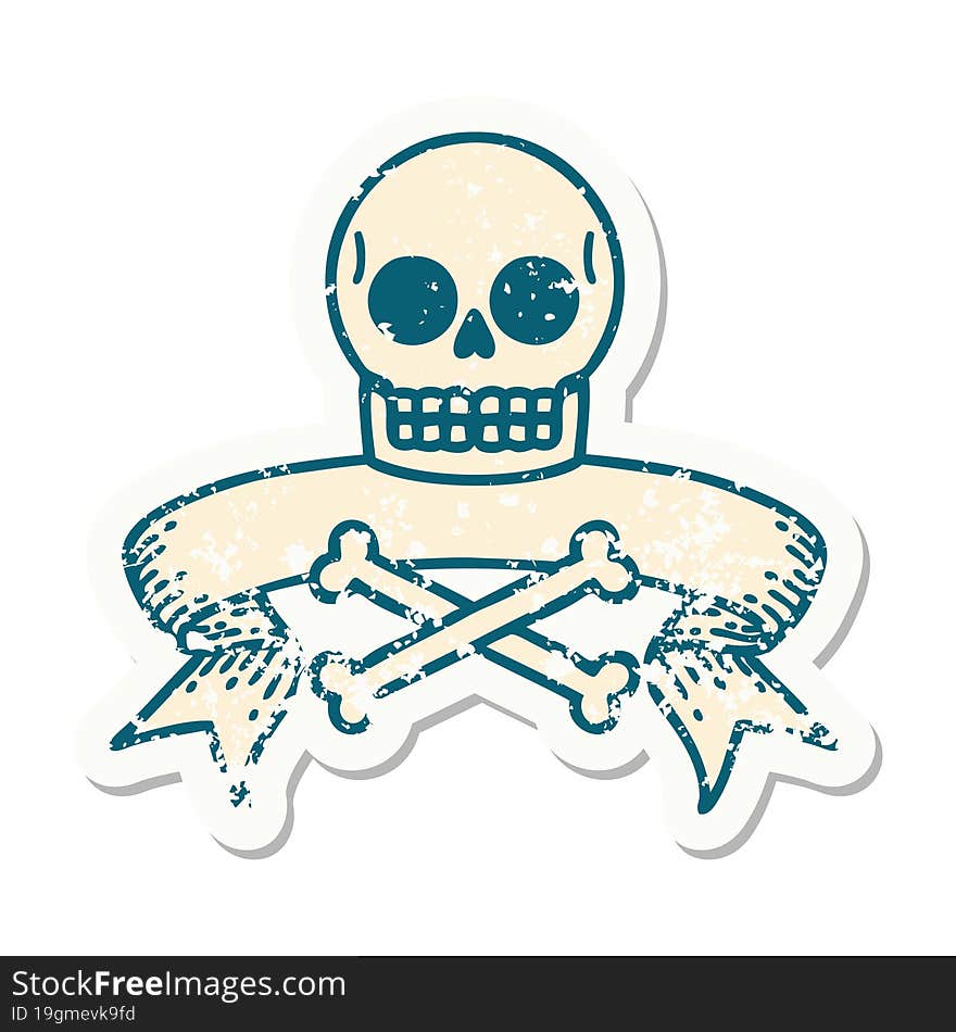 grunge sticker with banner of a skull and bones