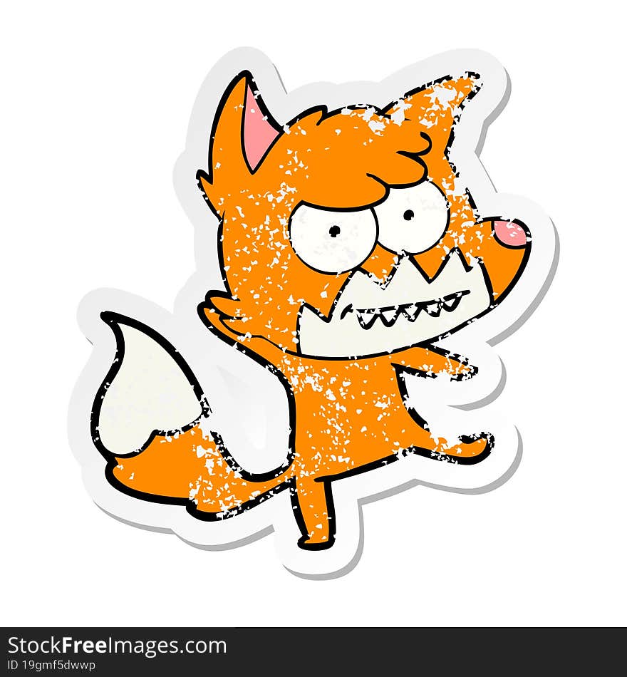 distressed sticker of a cartoon grinning fox