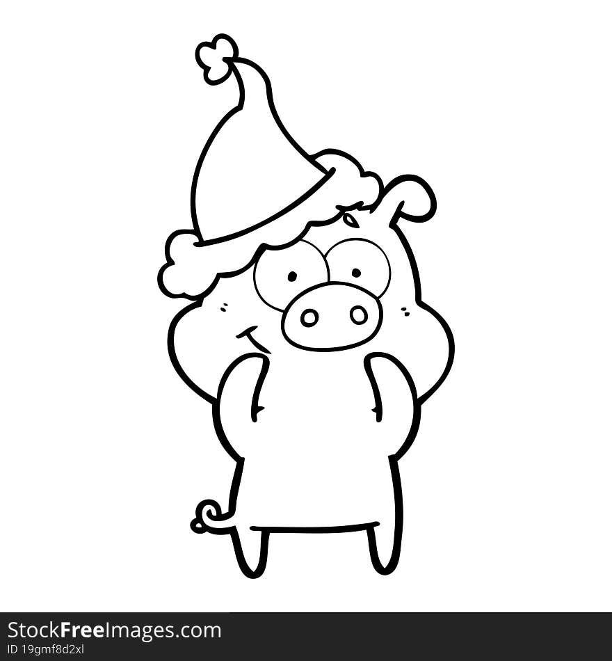 happy line drawing of a pig wearing santa hat