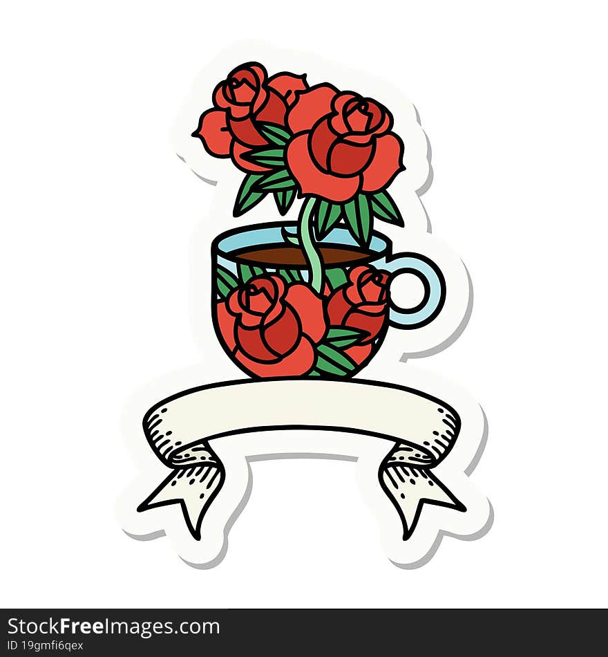 tattoo sticker with banner of a cup and flowers