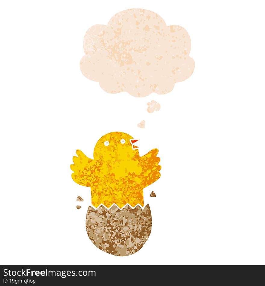 cartoon hatching bird and thought bubble in retro textured style