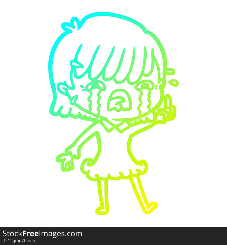 cold gradient line drawing of a cartoon girl crying