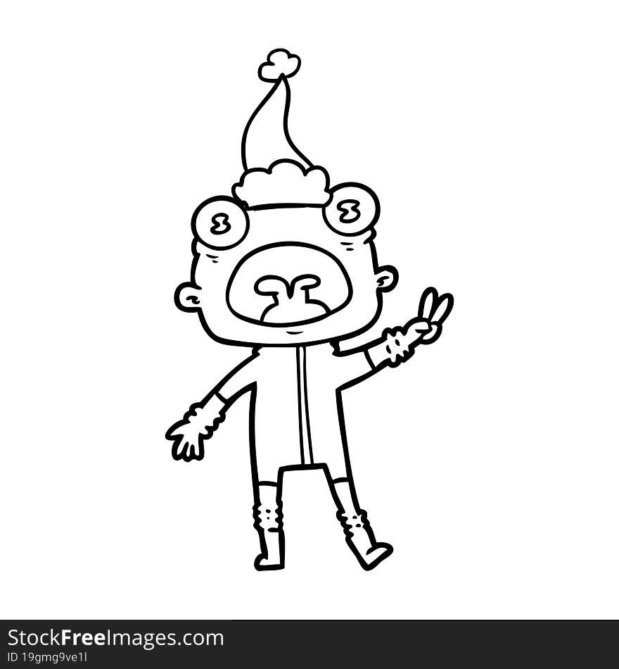 Line Drawing Of A Weird Alien Waving Wearing Santa Hat