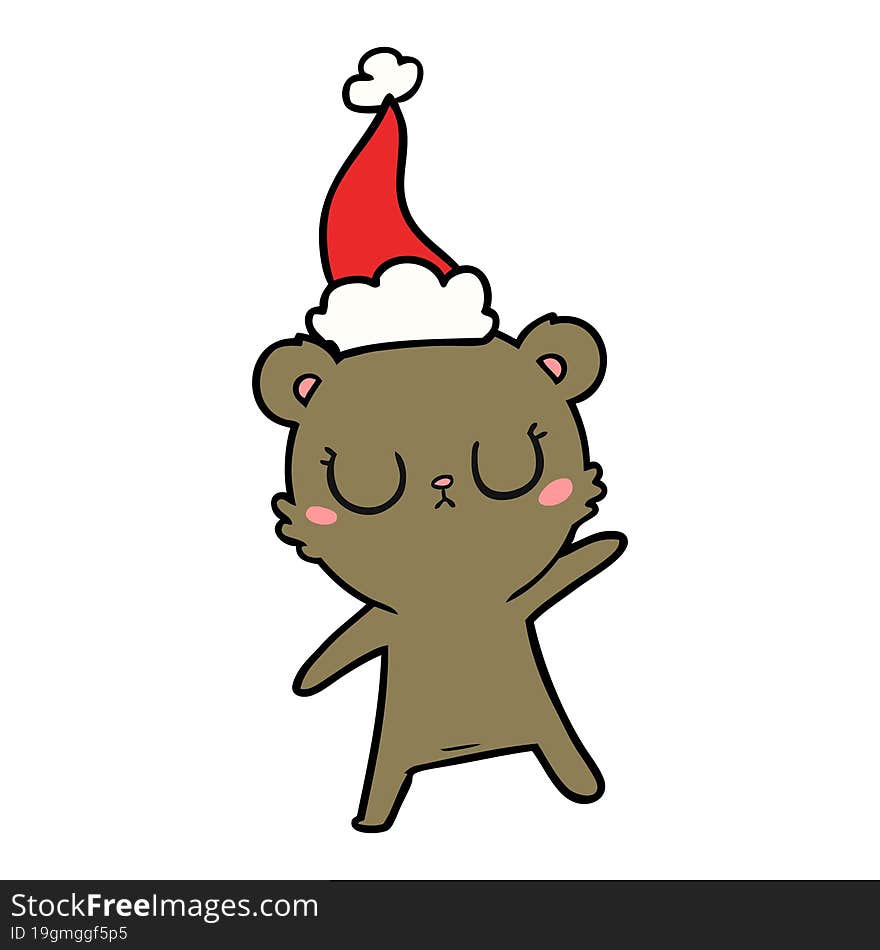 peaceful line drawing of a bear wearing santa hat