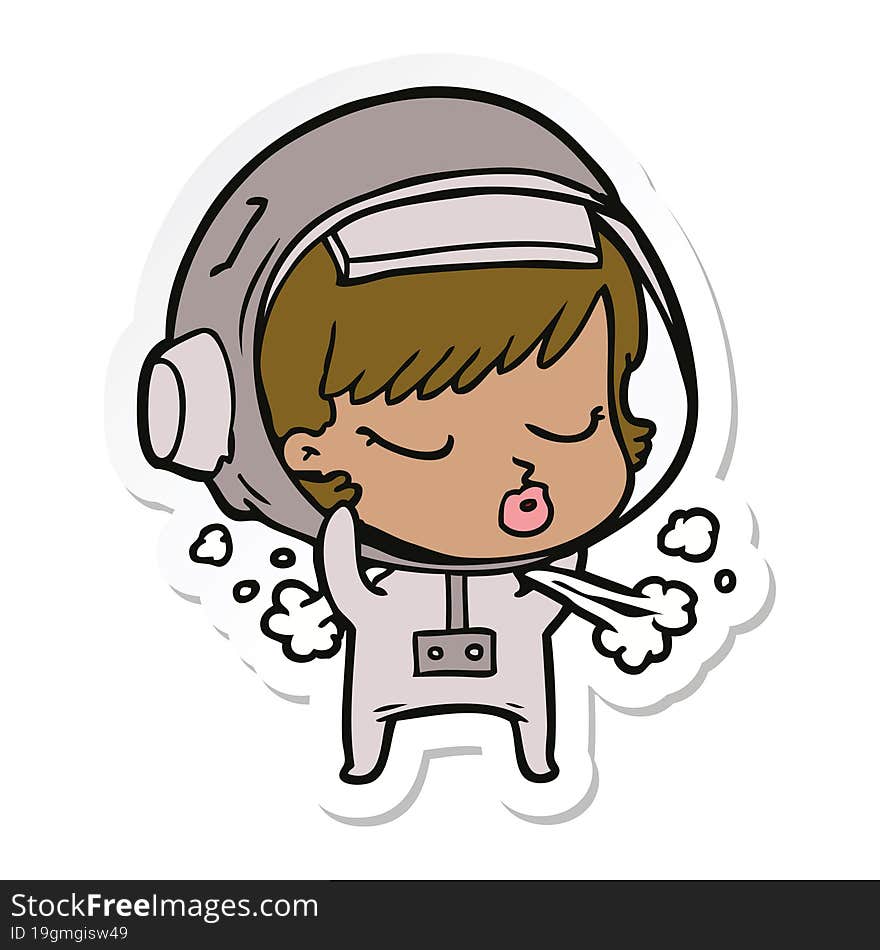 sticker of a cartoon pretty astronaut girl taking off space helmet