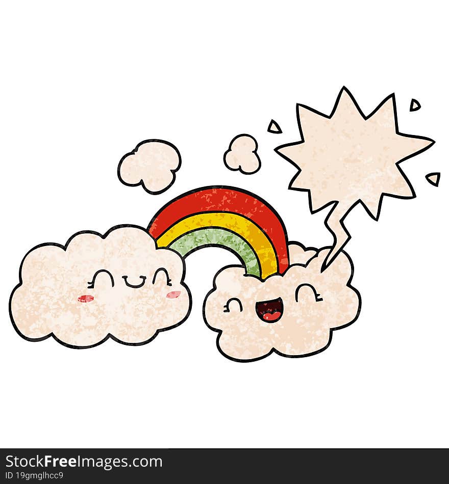 Happy Cartoon Clouds And Rainbow And Speech Bubble In Retro Texture Style