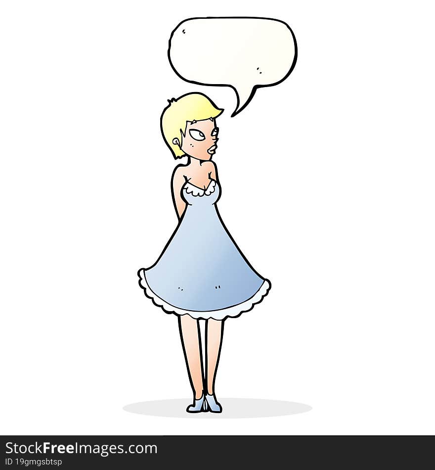 cartoon pretty woman in dress with speech bubble