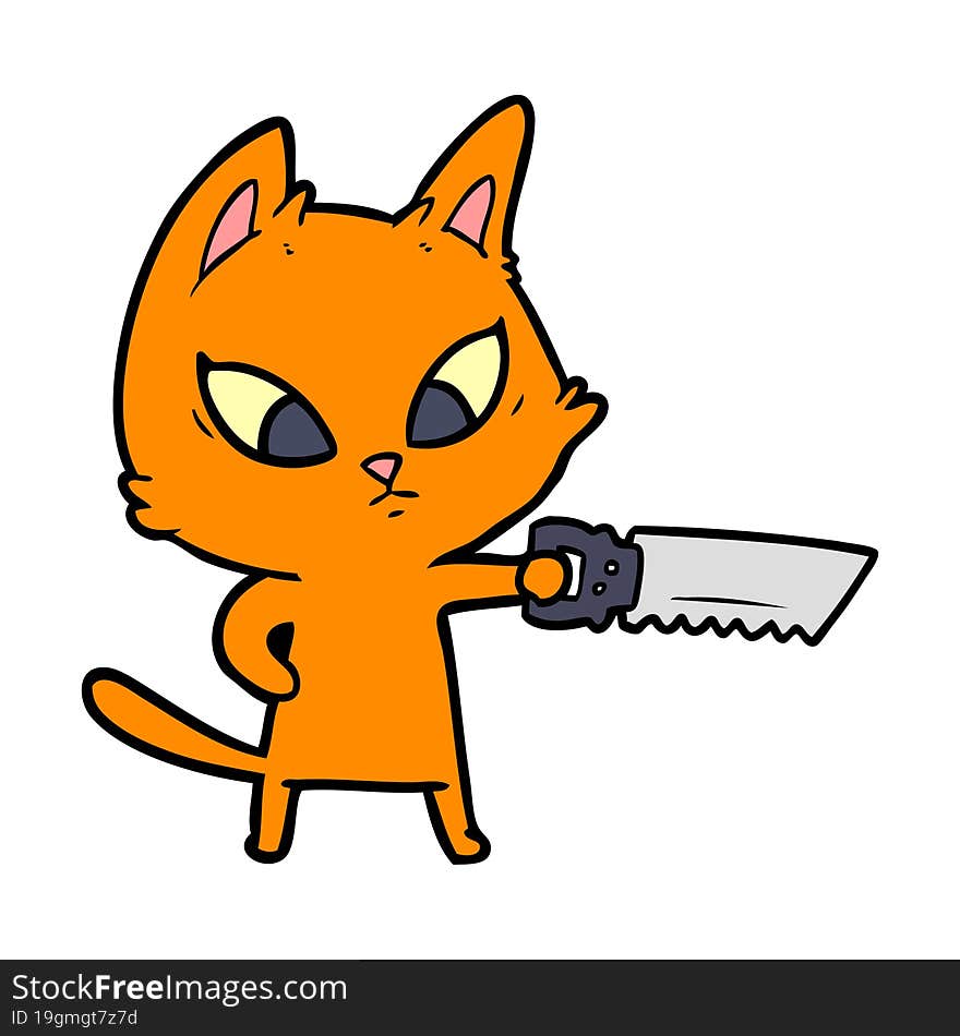 confused cartoon cat with saw. confused cartoon cat with saw